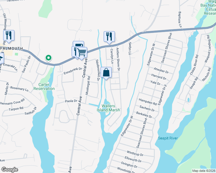map of restaurants, bars, coffee shops, grocery stores, and more near 23 Debbie Lane in Falmouth
