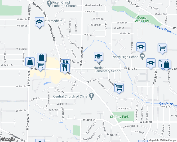 map of restaurants, bars, coffee shops, grocery stores, and more near 1135 West 53rd Street in Davenport