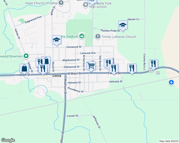 map of restaurants, bars, coffee shops, grocery stores, and more near 703 Main Street in Delta