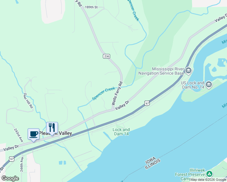 map of restaurants, bars, coffee shops, grocery stores, and more near 18370 Wells Ferry Road in Bettendorf