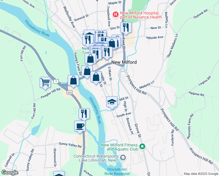 map of restaurants, bars, coffee shops, grocery stores, and more near 37 South Main Street in New Milford