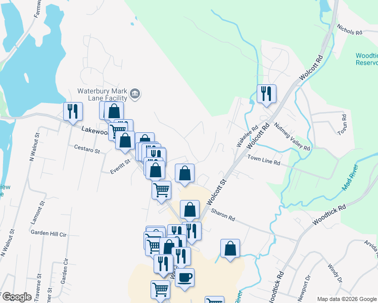 map of restaurants, bars, coffee shops, grocery stores, and more near 123 Mark Lane in Waterbury
