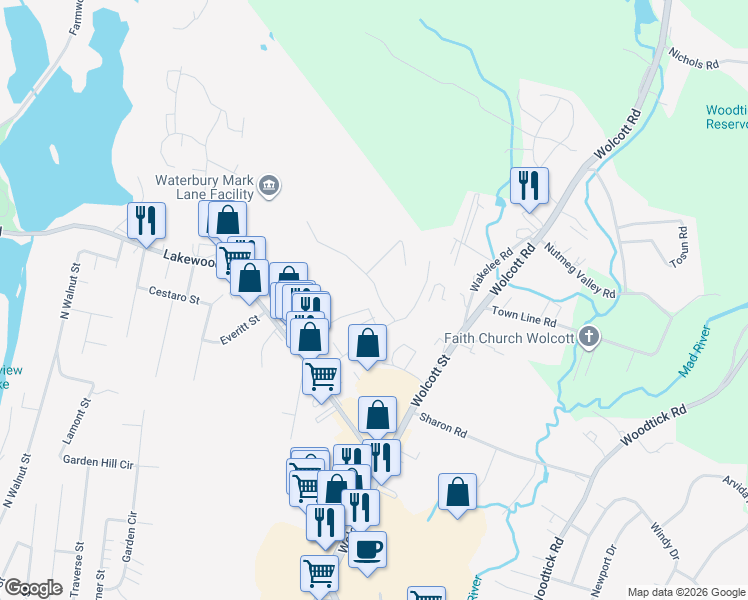 map of restaurants, bars, coffee shops, grocery stores, and more near 150 Mark Lane in Waterbury