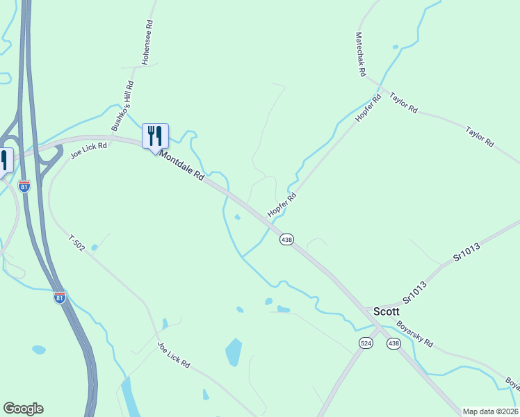 map of restaurants, bars, coffee shops, grocery stores, and more near Montdale Road in Olyphant