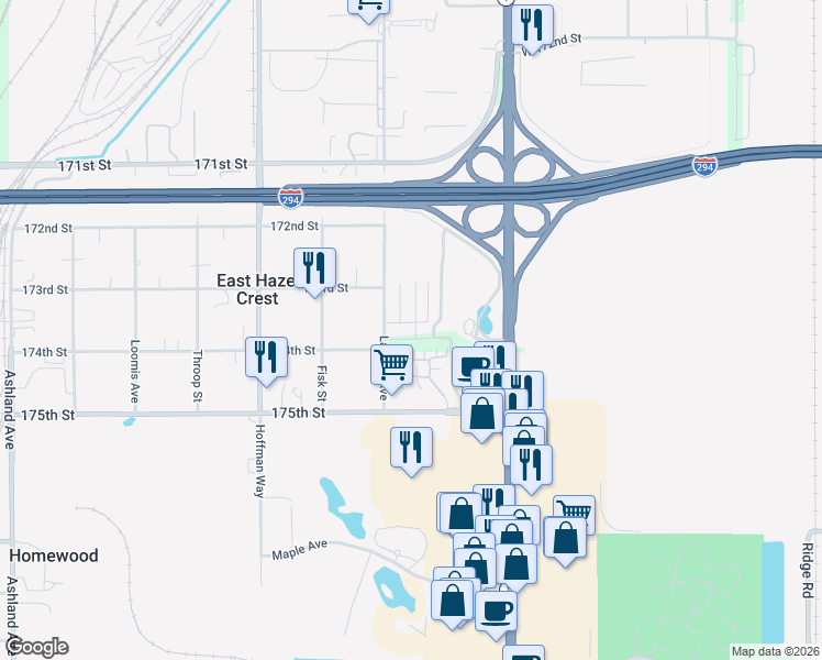 map of restaurants, bars, coffee shops, grocery stores, and more near 922 174th Street in Hazel Crest