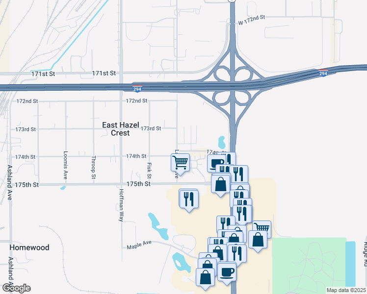 map of restaurants, bars, coffee shops, grocery stores, and more near 922 174th Street in Hazel Crest