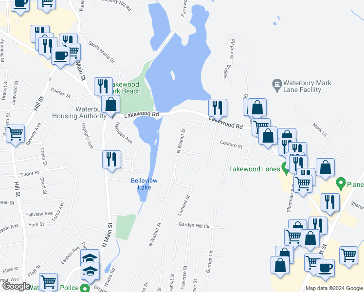 map of restaurants, bars, coffee shops, grocery stores, and more near 664 North Walnut Street in Waterbury