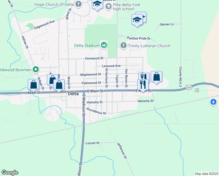 map of restaurants, bars, coffee shops, grocery stores, and more near 703 Main Street in Delta