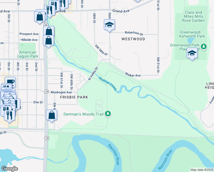 map of restaurants, bars, coffee shops, grocery stores, and more near Des Moines Trails in Des Moines