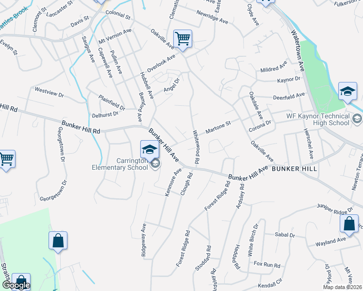 map of restaurants, bars, coffee shops, grocery stores, and more near 32 Fricent Street in Waterbury