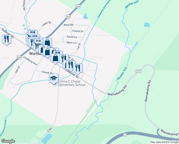 map of restaurants, bars, coffee shops, grocery stores, and more near 22 Pine Street in Wurtsboro