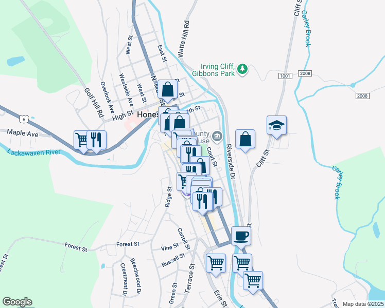 map of restaurants, bars, coffee shops, grocery stores, and more near 929 Pennsylvania 191 in Honesdale