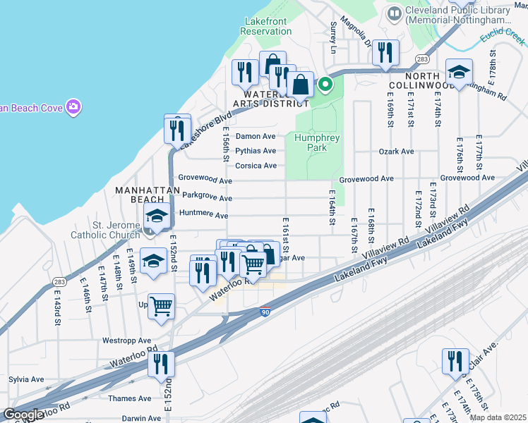 map of restaurants, bars, coffee shops, grocery stores, and more near 15812 Huntmere Avenue in Cleveland