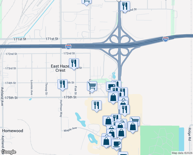 map of restaurants, bars, coffee shops, grocery stores, and more near 922 174th Street in Hazel Crest