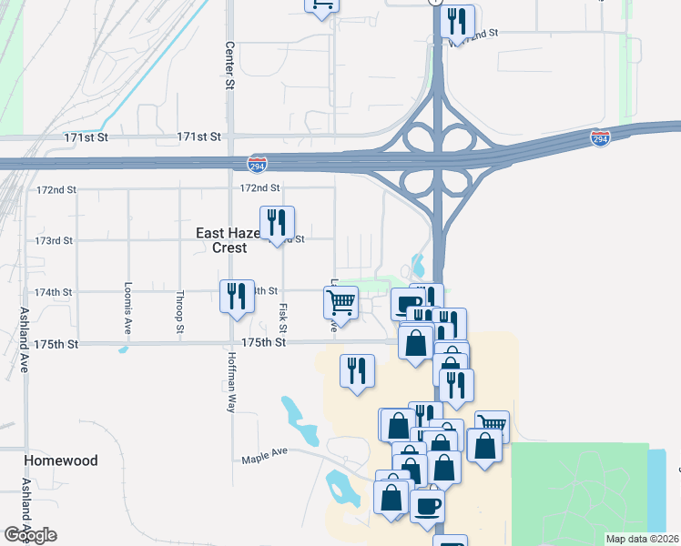 map of restaurants, bars, coffee shops, grocery stores, and more near 922 174th Street in Hazel Crest