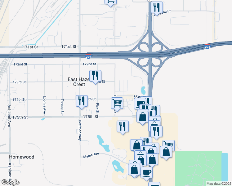 map of restaurants, bars, coffee shops, grocery stores, and more near 922 174th Street in Hazel Crest