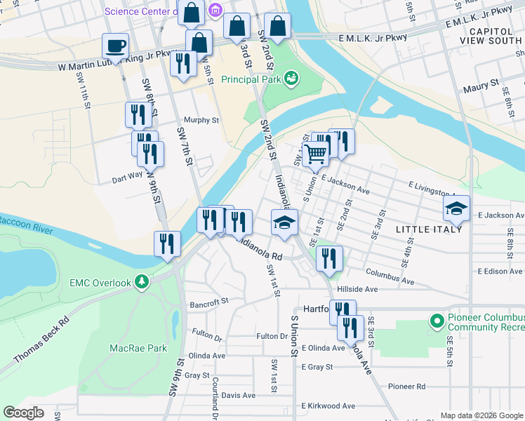 map of restaurants, bars, coffee shops, grocery stores, and more near 1817 Southwest 2nd Street in Des Moines