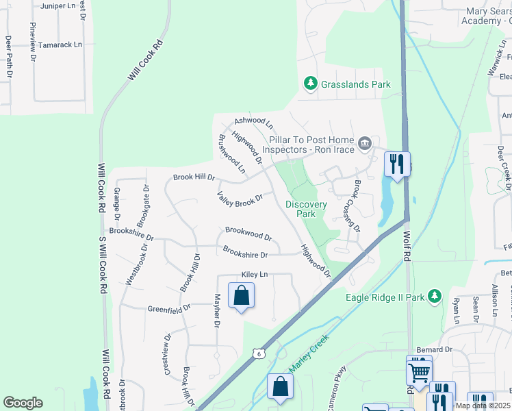 map of restaurants, bars, coffee shops, grocery stores, and more near 11595 Valley Brook Drive in Orland Park