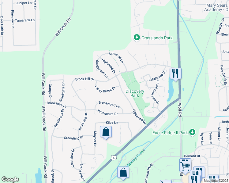 map of restaurants, bars, coffee shops, grocery stores, and more near 11595 Valley Brook Drive in Orland Park