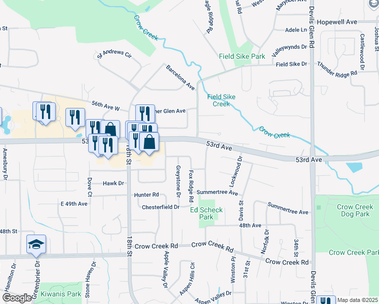 map of restaurants, bars, coffee shops, grocery stores, and more near 5185 Fox Ridge Road in Bettendorf
