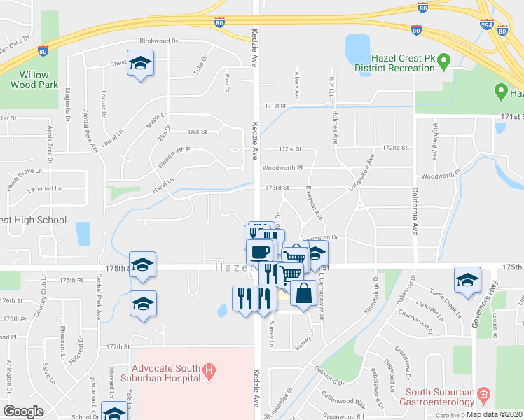 map of restaurants, bars, coffee shops, grocery stores, and more near 17313 Kedzie Avenue in Hazel Crest