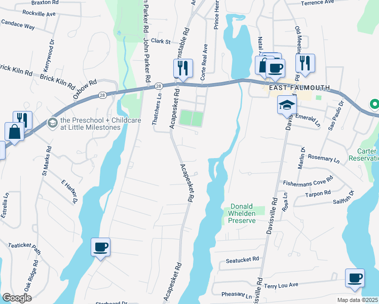 map of restaurants, bars, coffee shops, grocery stores, and more near 8 Sykes Lane in Falmouth