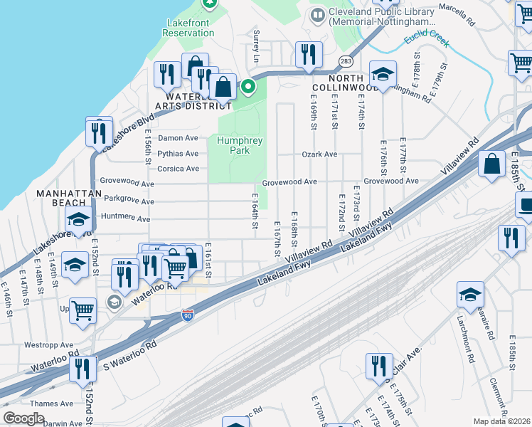 map of restaurants, bars, coffee shops, grocery stores, and more near 16402 Huntmere Avenue in Cleveland