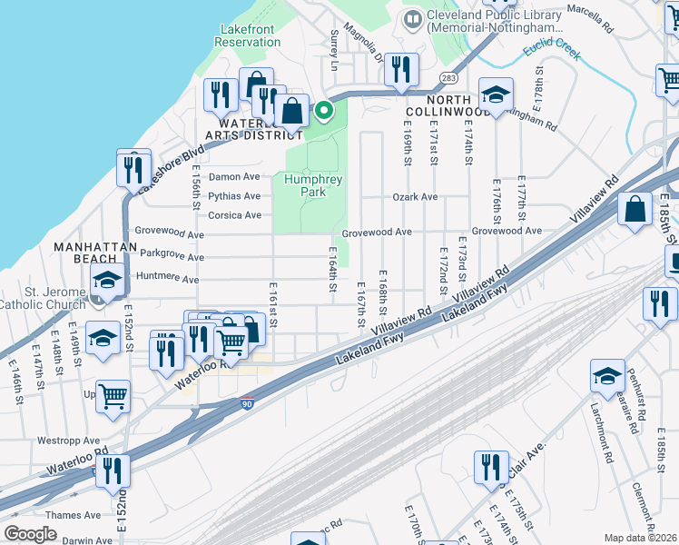map of restaurants, bars, coffee shops, grocery stores, and more near 16402 Huntmere Avenue in Cleveland