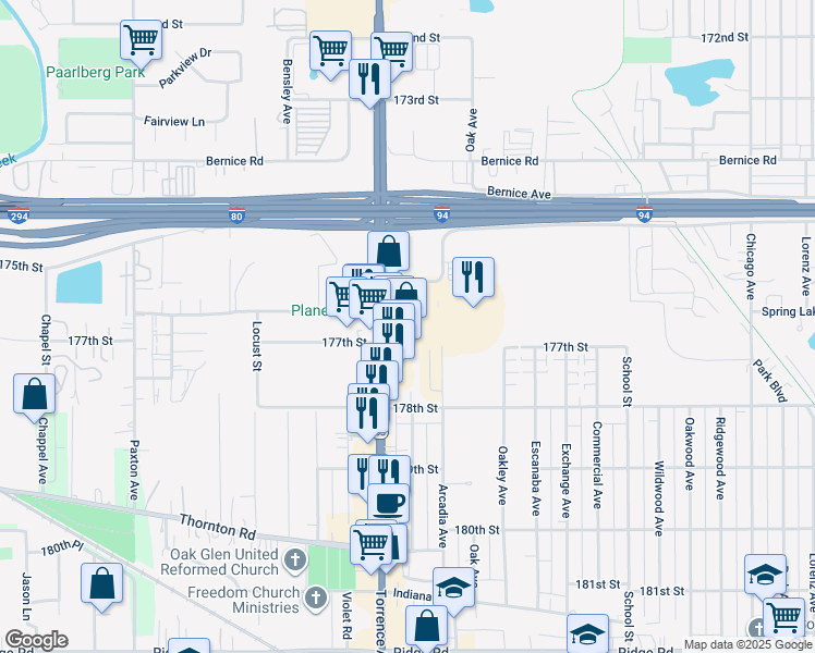 map of restaurants, bars, coffee shops, grocery stores, and more near 2400-2498 177th Street in Lansing