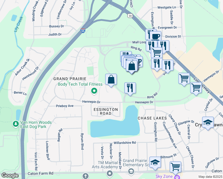 map of restaurants, bars, coffee shops, grocery stores, and more near 2901 Ring Road in Joliet