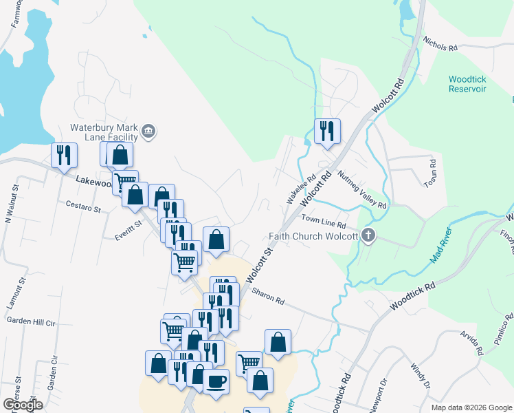 map of restaurants, bars, coffee shops, grocery stores, and more near 94-126 Mark Lane in Waterbury