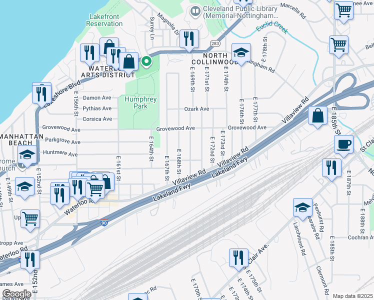 map of restaurants, bars, coffee shops, grocery stores, and more near 1238 East 169th Street in Cleveland