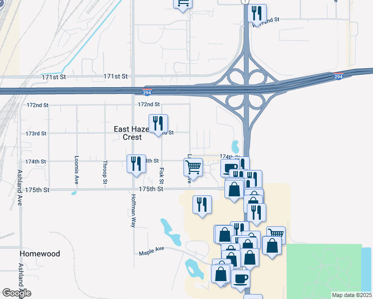 map of restaurants, bars, coffee shops, grocery stores, and more near 1010 174th Street in Hazel Crest