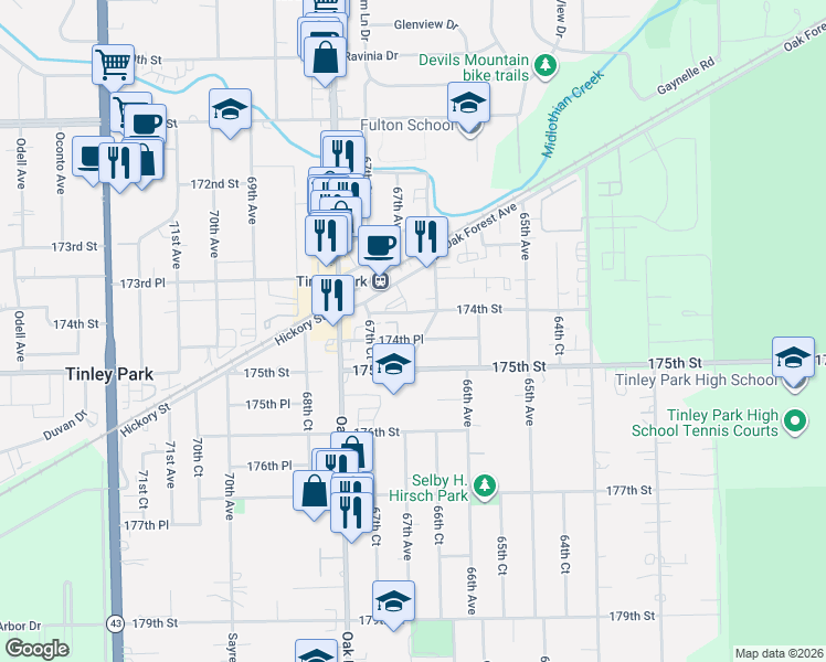map of restaurants, bars, coffee shops, grocery stores, and more near 6715 174th Place in Tinley Park
