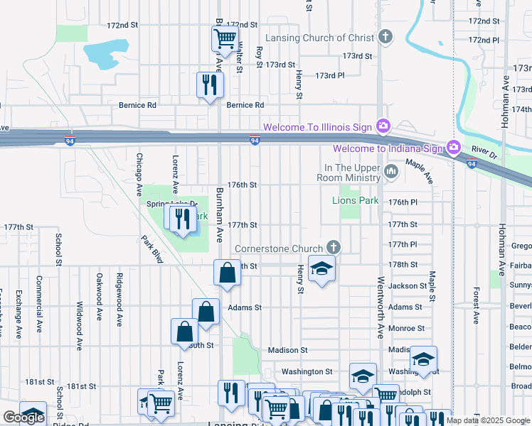 map of restaurants, bars, coffee shops, grocery stores, and more near 17656 Roy Street in Lansing