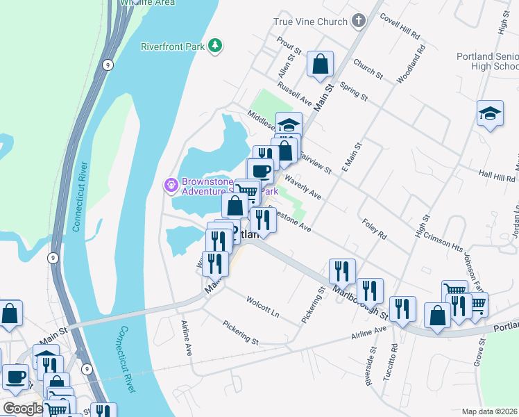 map of restaurants, bars, coffee shops, grocery stores, and more near 233 Main Street in Portland