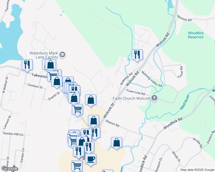 map of restaurants, bars, coffee shops, grocery stores, and more near 94-126 Mark Lane in Waterbury
