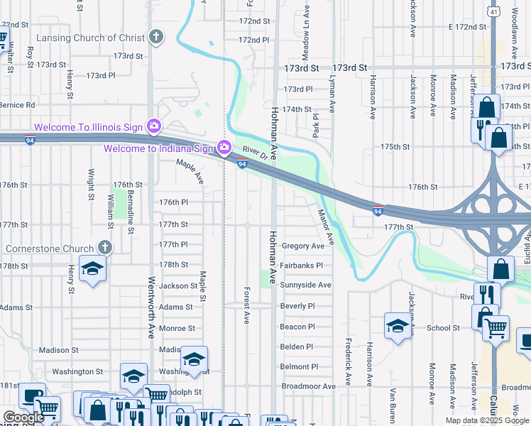 map of restaurants, bars, coffee shops, grocery stores, and more near 7647 Forest Avenue in Munster