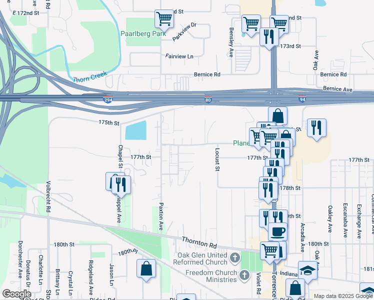 map of restaurants, bars, coffee shops, grocery stores, and more near 21080 177th Street in Lansing
