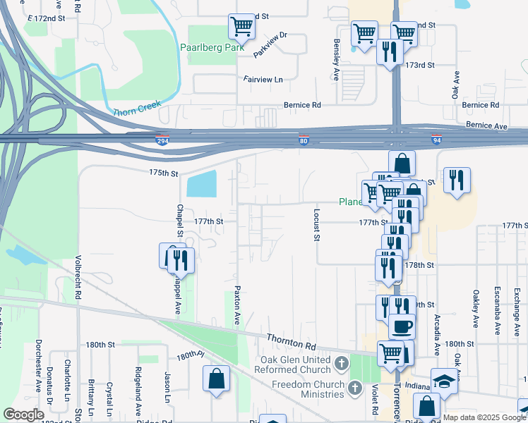 map of restaurants, bars, coffee shops, grocery stores, and more near 21080 177th Street in Lansing