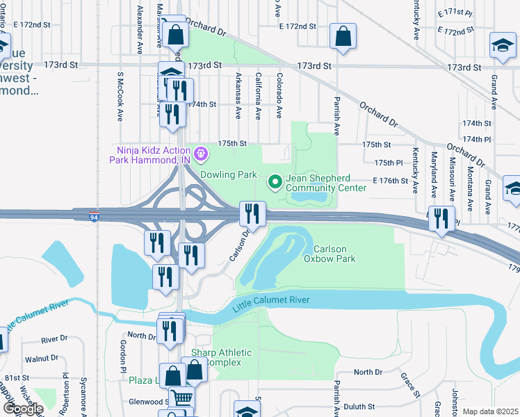 map of restaurants, bars, coffee shops, grocery stores, and more near J.F. Mahoney Drive in Hammond