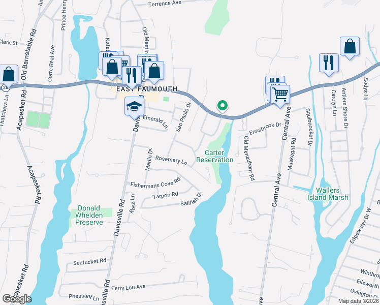 map of restaurants, bars, coffee shops, grocery stores, and more near 40 Rosemary Lane in Falmouth