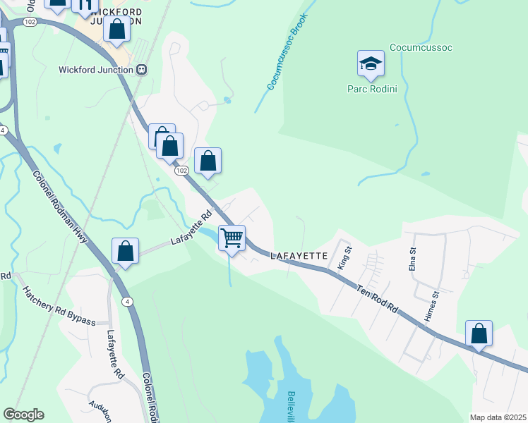 map of restaurants, bars, coffee shops, grocery stores, and more near 43 Advent Street in North Kingstown