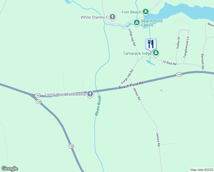 map of restaurants, bars, coffee shops, grocery stores, and more near 539 Beach Pond Road in Voluntown