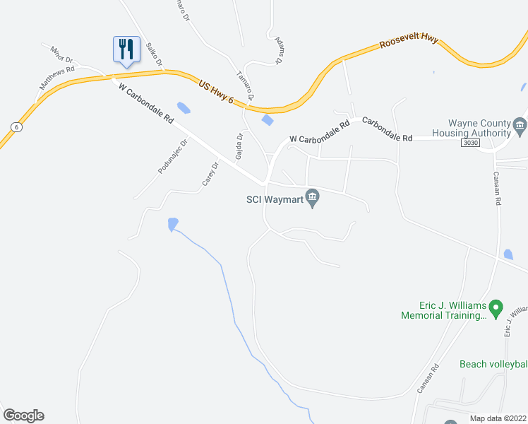 map of restaurants, bars, coffee shops, grocery stores, and more near Farview Drive in Waymart