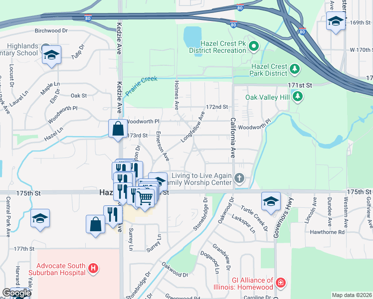 map of restaurants, bars, coffee shops, grocery stores, and more near 17309 Holmes Avenue in Hazel Crest
