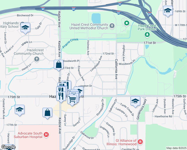map of restaurants, bars, coffee shops, grocery stores, and more near 17306 Holmes Avenue in Hazel Crest