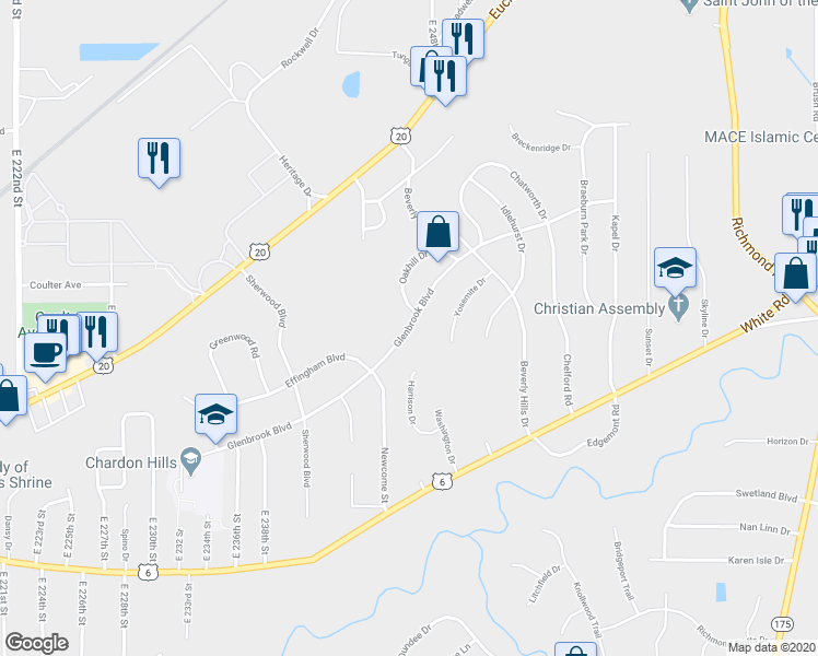 map of restaurants, bars, coffee shops, grocery stores, and more near 24299 Glenbrook Boulevard in Euclid