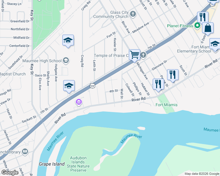 map of restaurants, bars, coffee shops, grocery stores, and more near 723 Ransom Street in Maumee