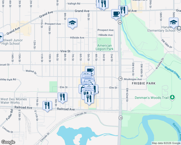 map of restaurants, bars, coffee shops, grocery stores, and more near 409 Walnut Street in West Des Moines